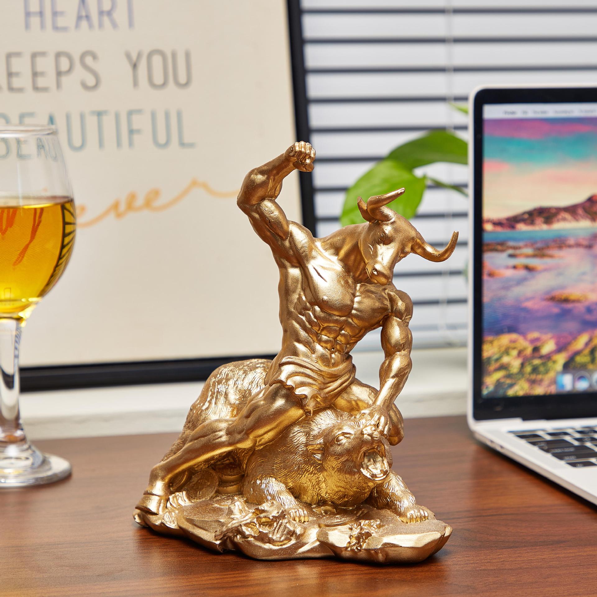 Home Office Bookshelves - Resin Animal Ornament Bull Bear Fight