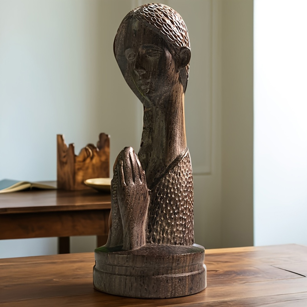Home Office Bookshelves - 1PC Wooden Carved Praying Girl Statue