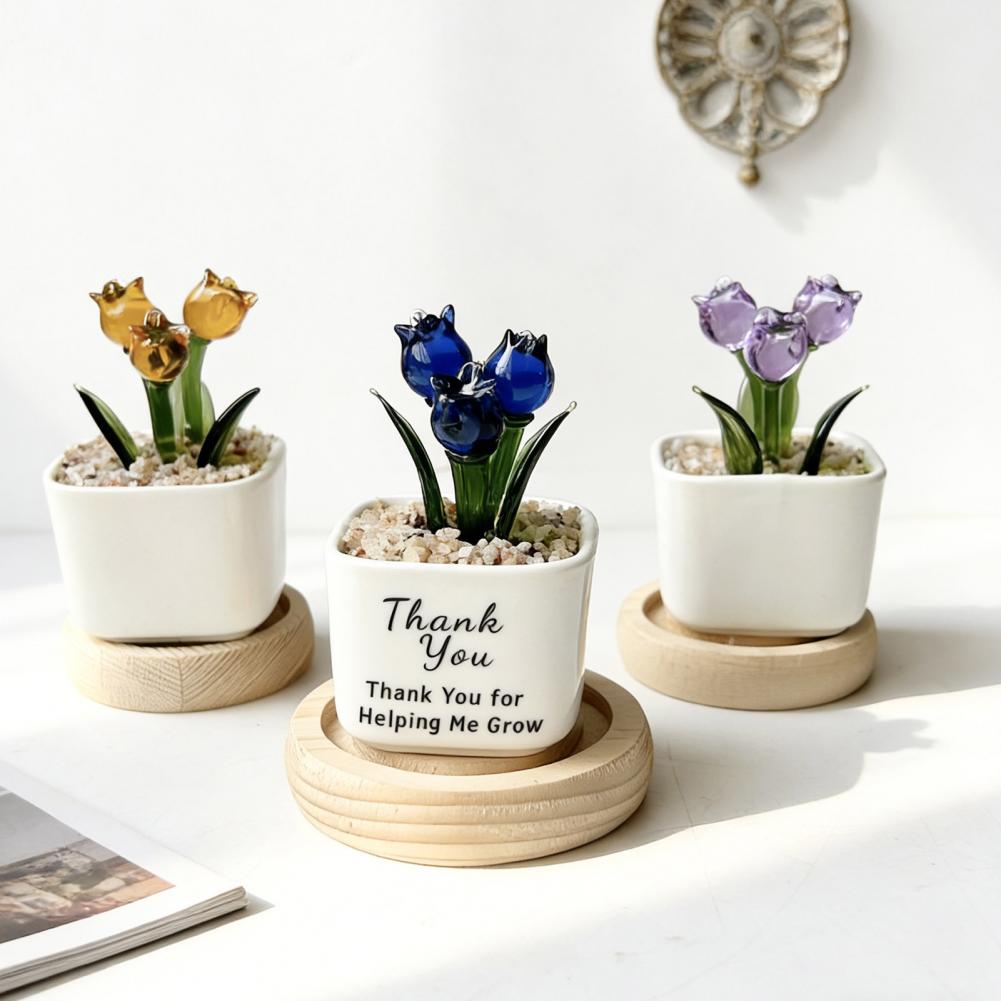 Home Office Bookshelves - Mini Potted Glass Flower Decoration Miniature