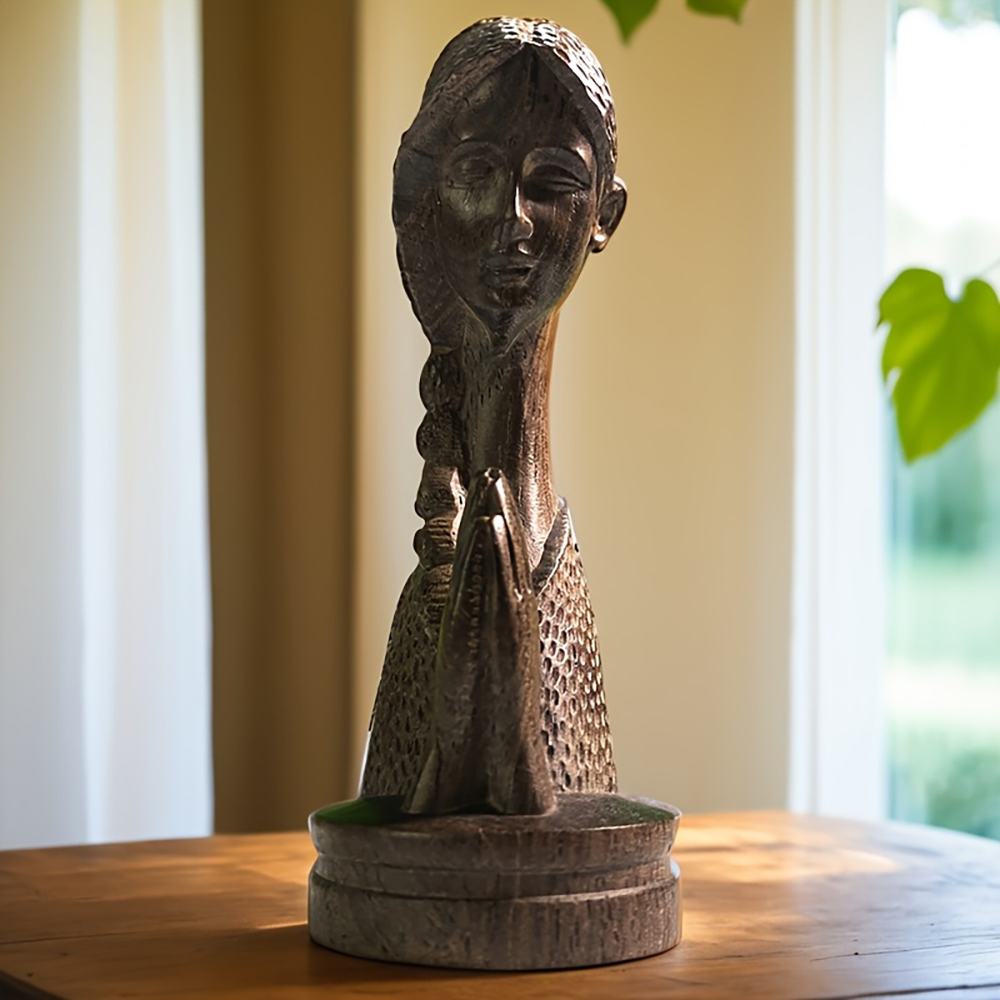1PC Wooden Carved Praying Girl - Home Office Bookshelves ulasan dan harga